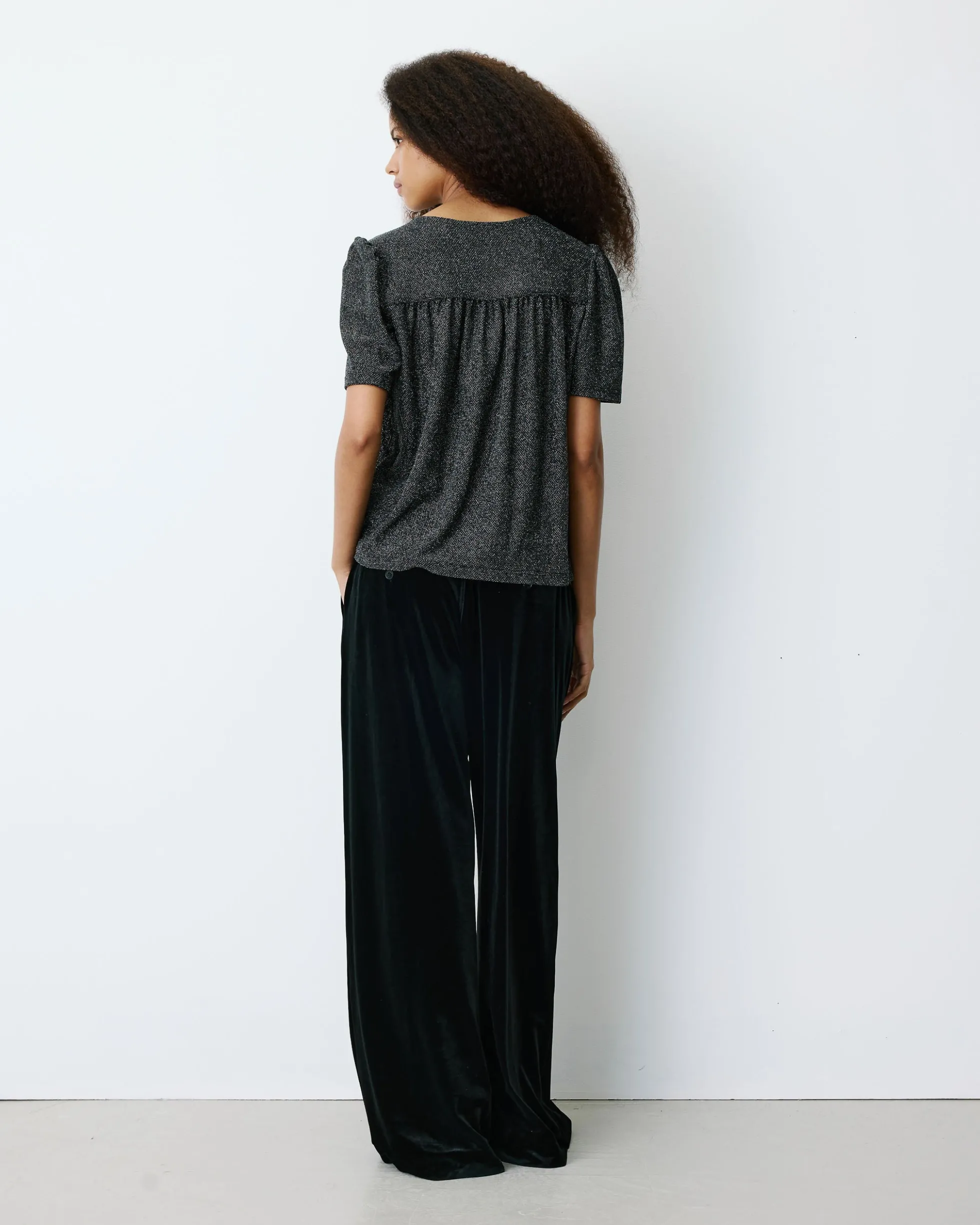 Top col V en jersey lurex manches courtes silver Basilic