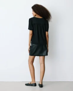 Top col V en jersey lurex manches courtes noir Basilic