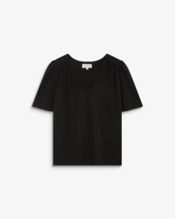 Top col V en jersey lurex manches courtes noir Basilic