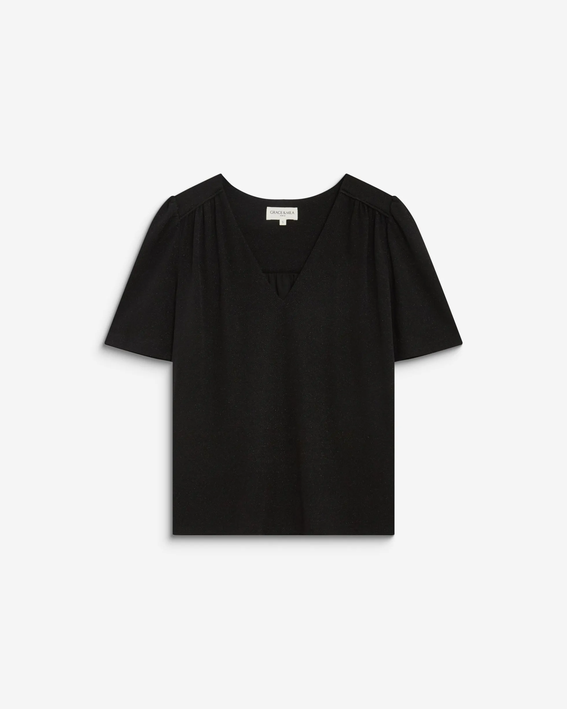 Top col V en jersey lurex manches courtes noir Basilic