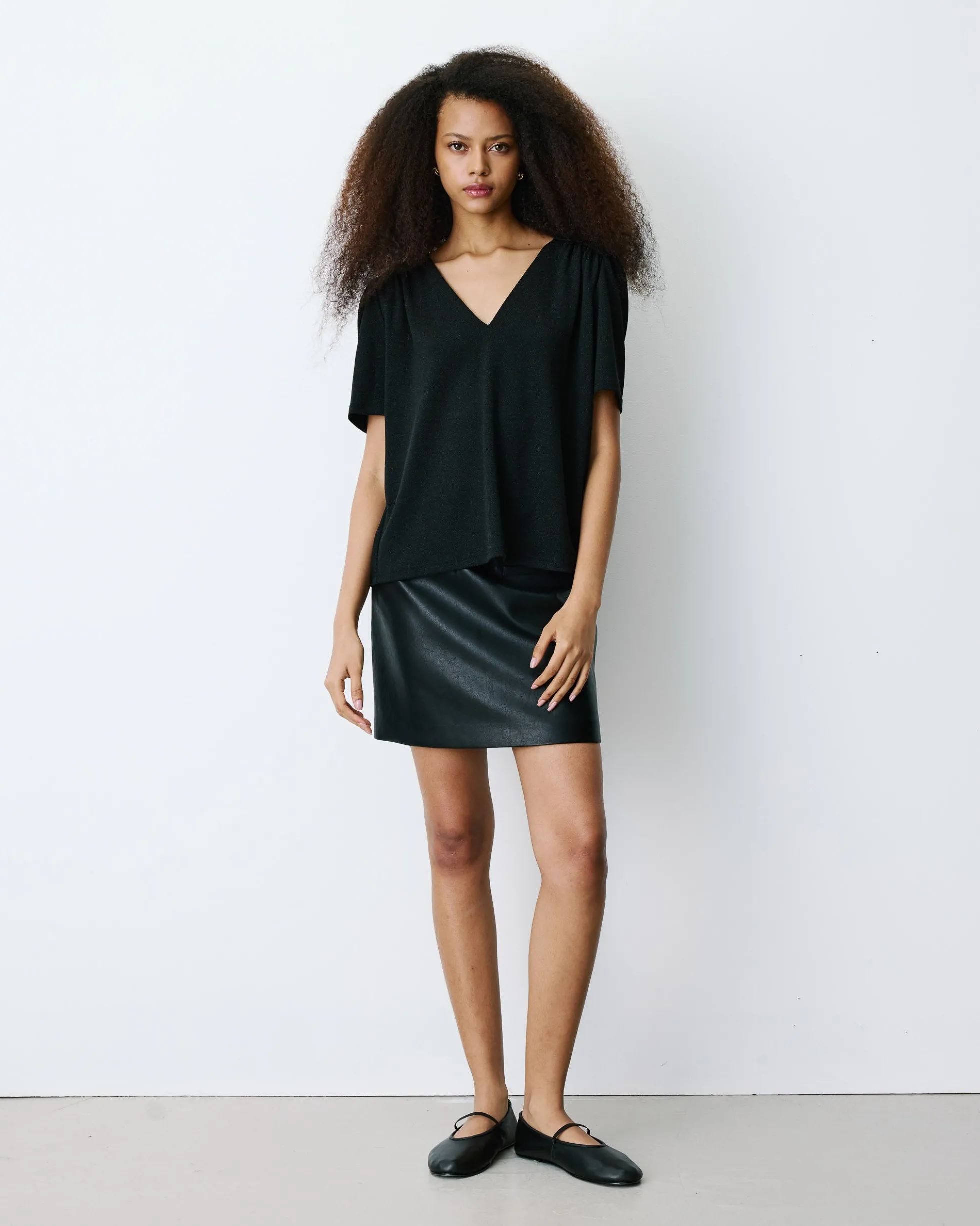 Top col V en jersey lurex manches courtes noir Basilic