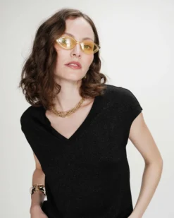 Top col V manches courtes en lurex noir Valsons