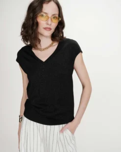 Top col V manches courtes en lurex noir Valsons