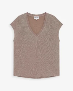 Top col V manches courtes en lurex grege Valsons