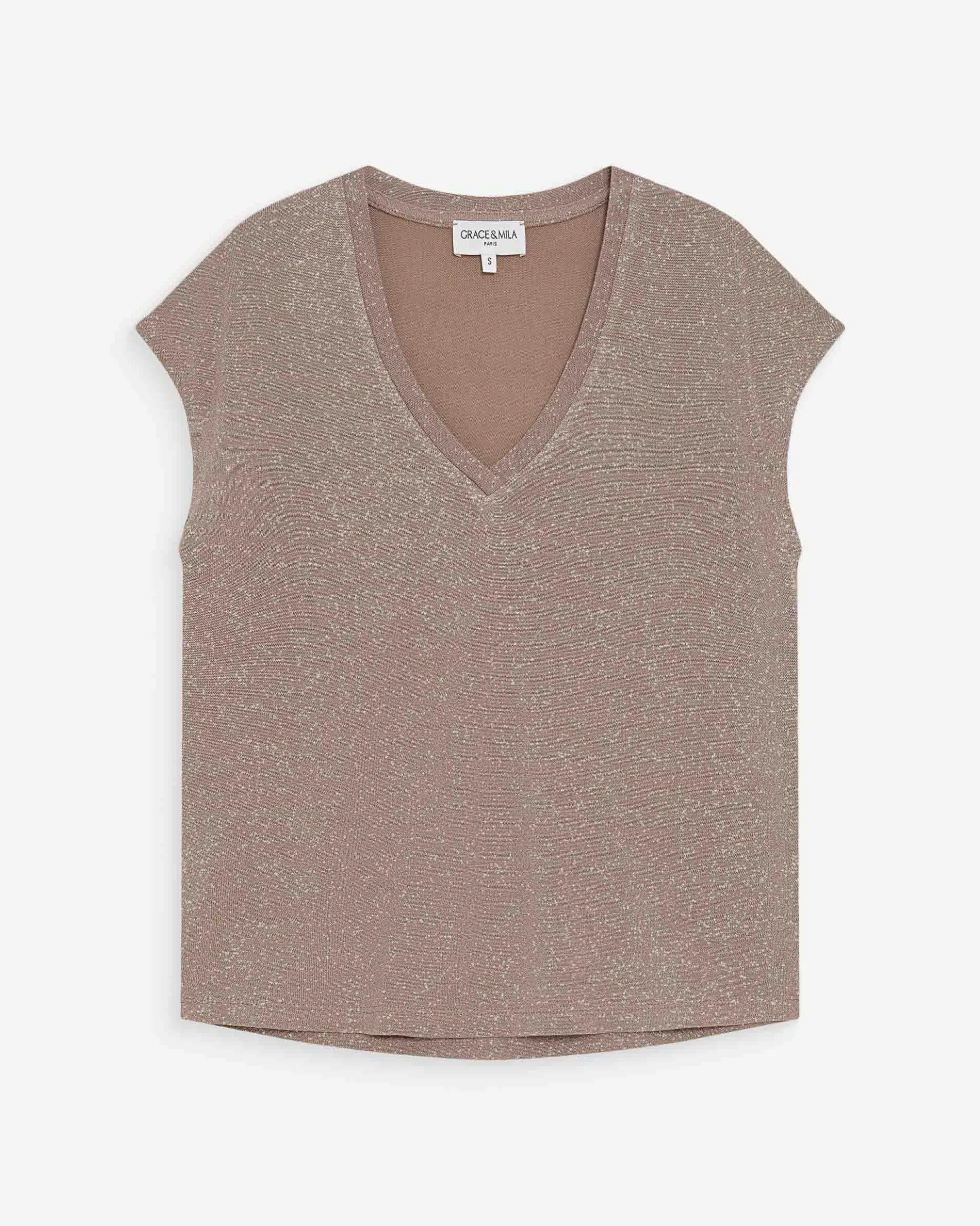 Top col V manches courtes en lurex grege Valsons