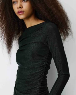Top drapé ajusté en lurex manches longues noir Beaumont