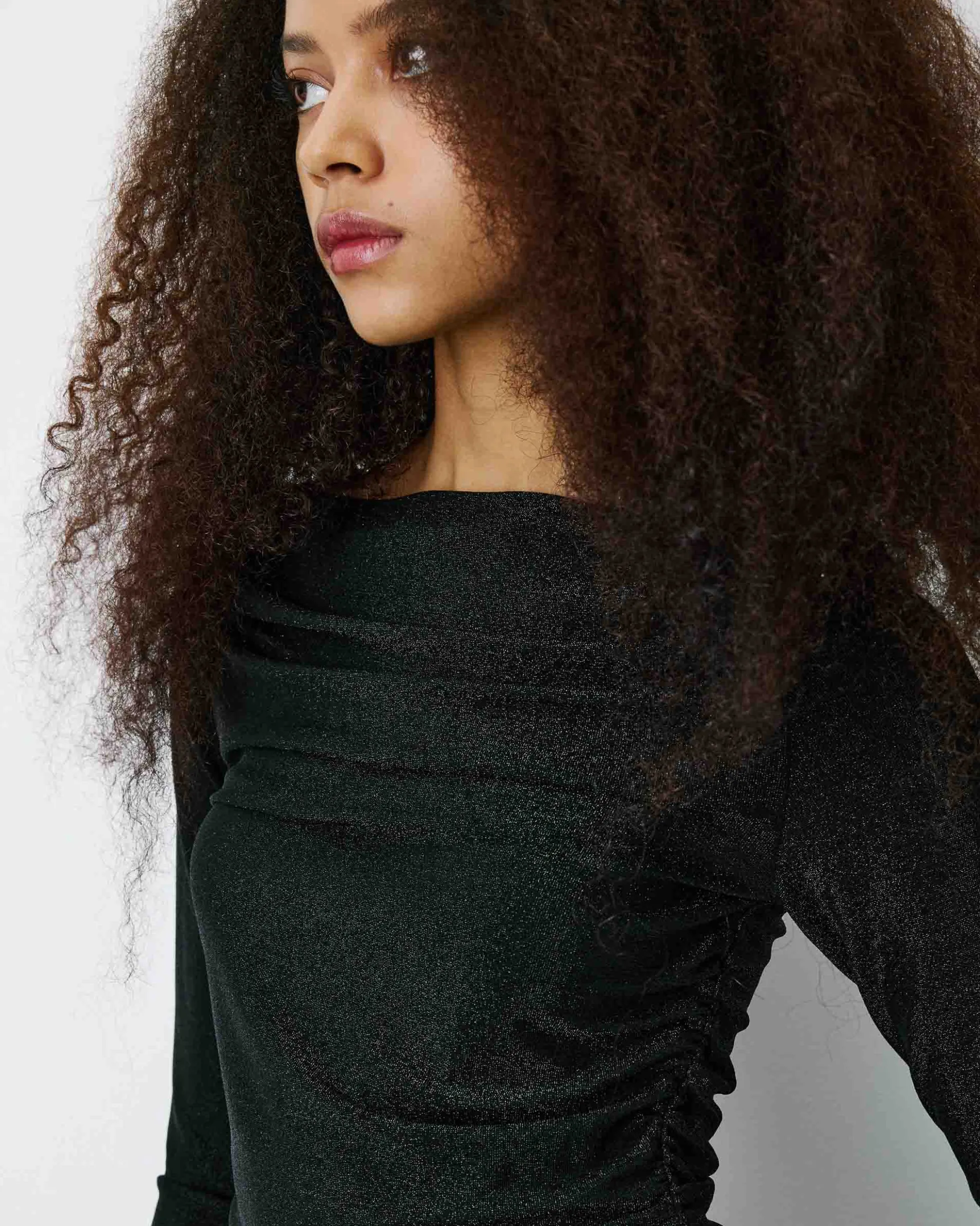 Top drapé ajusté en lurex manches longues noir Beaumont