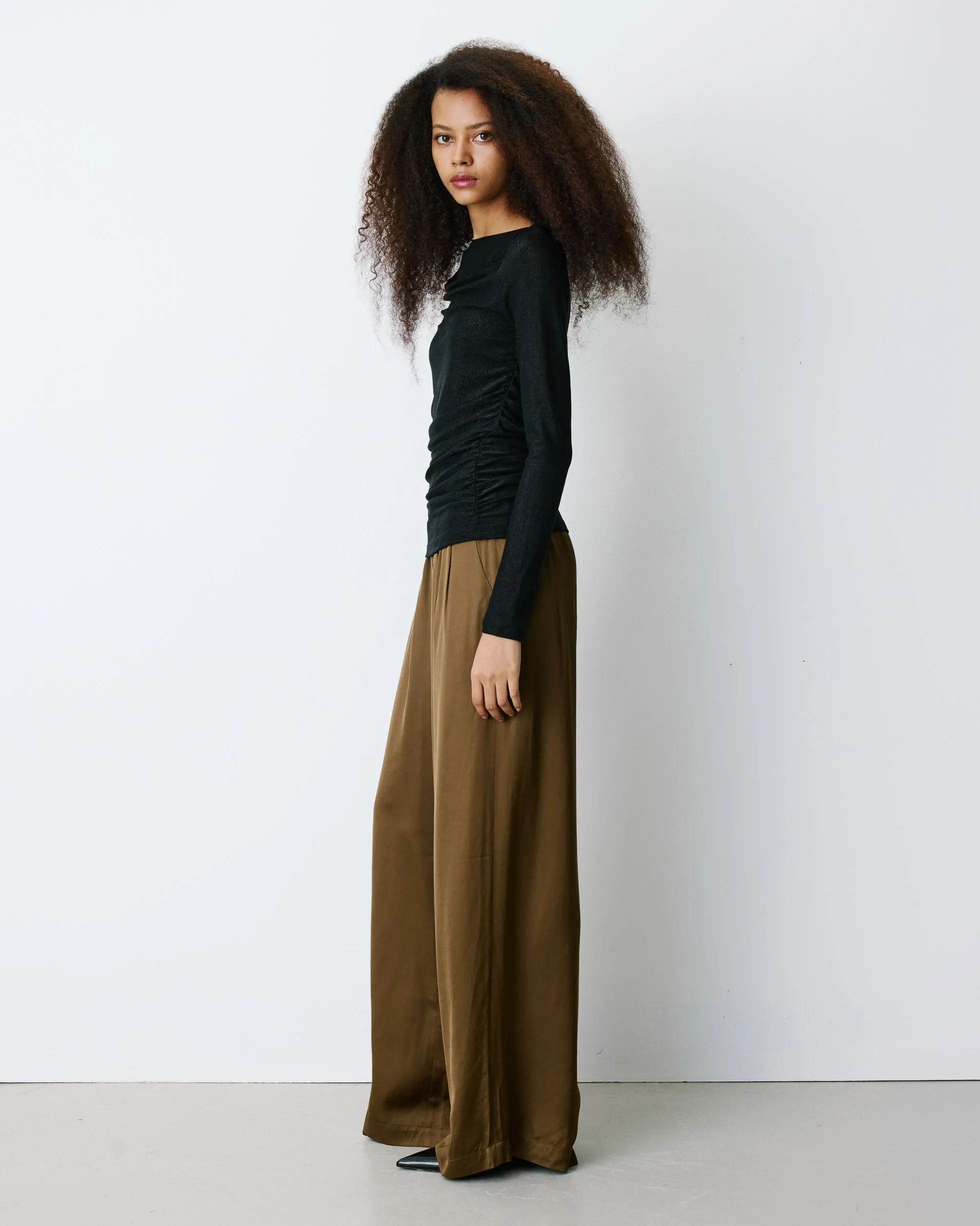 Top drapé ajusté en lurex manches longues noir Beaumont