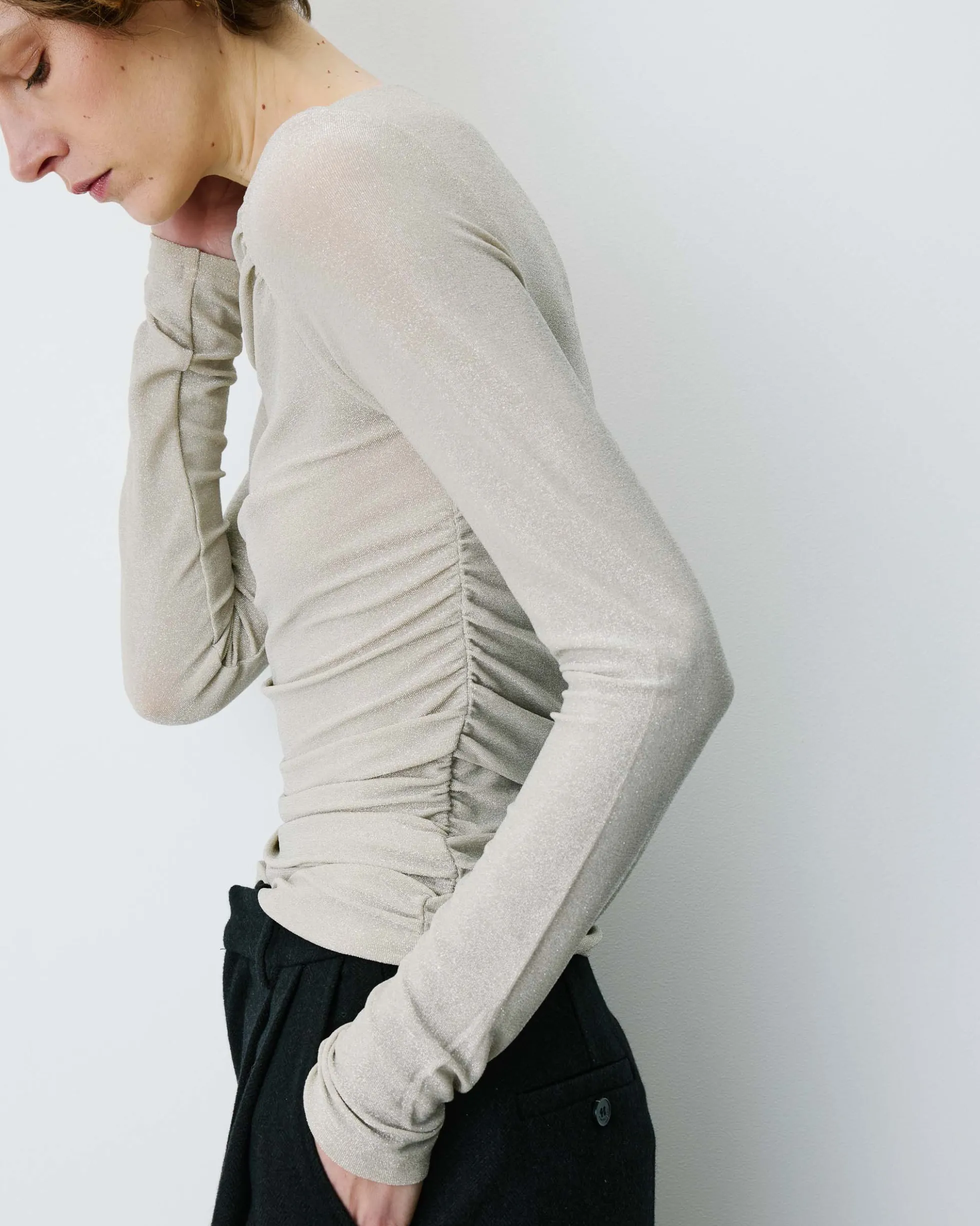 Top drapé ajusté en lurex manches longues gold Beaumont