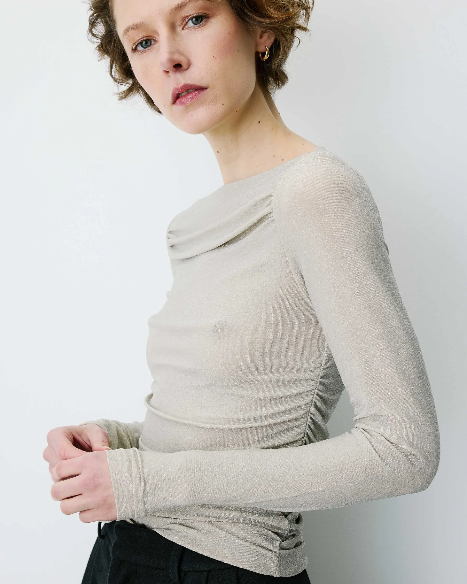 Top drapé ajusté en lurex manches longues gold Beaumont