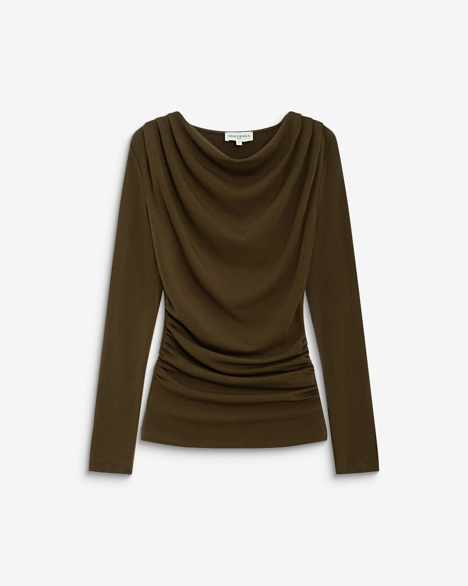 Top drapé manches longues col bénitier olive Biscotte
