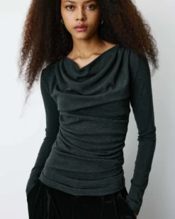 Top drapé manches longues col bénitier anthracite Biscotte