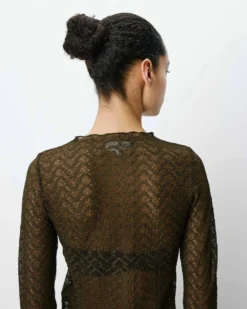 Top en dentelle transparente manches longues kaki Aube
