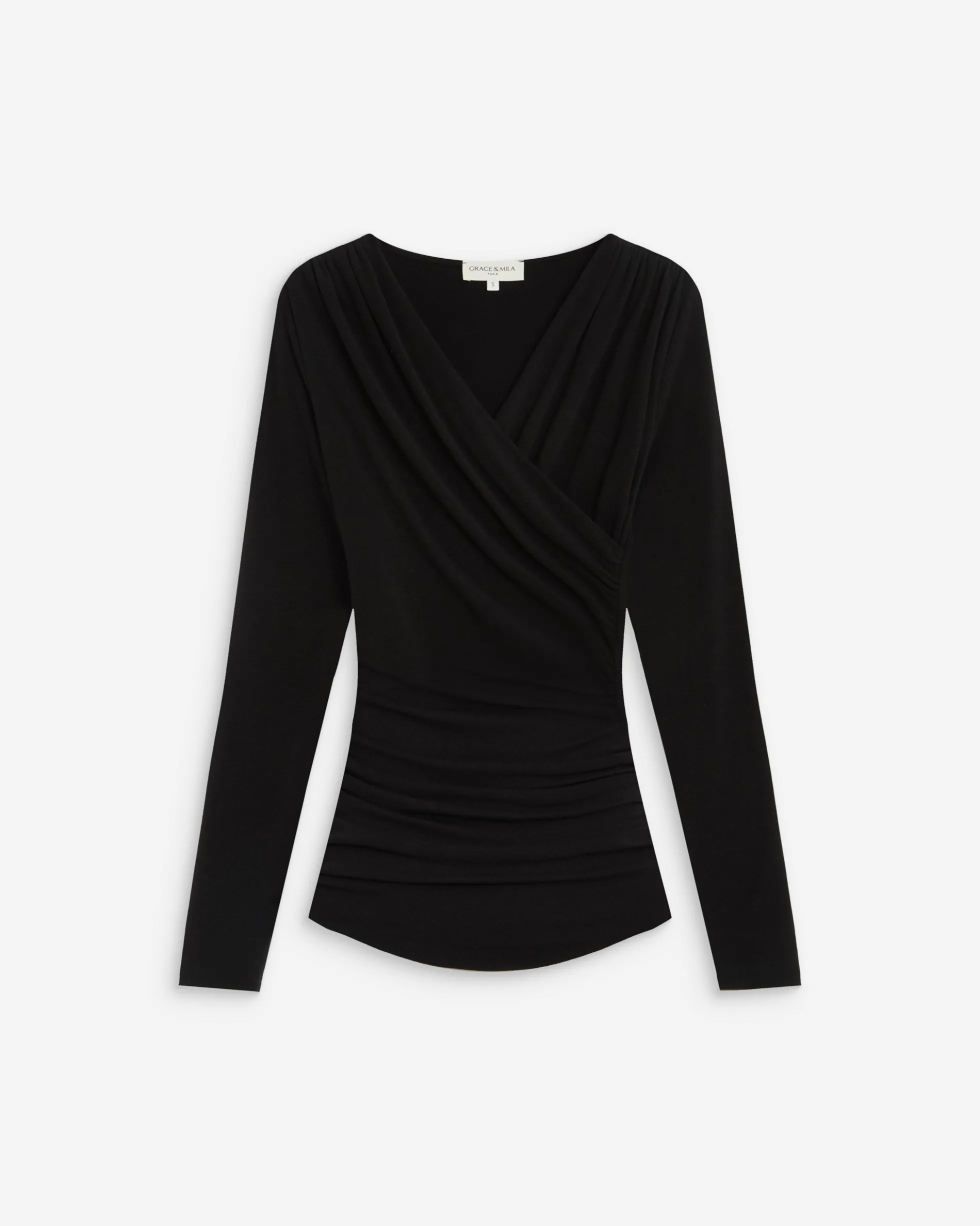 Top froncé col V croisé manches longues noir Azul