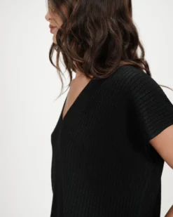 Top large en lurex col V noir Vaporo