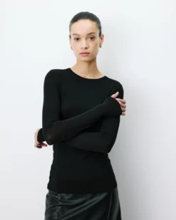 Top seconde peau en laine mélangée col rond noir Alkias