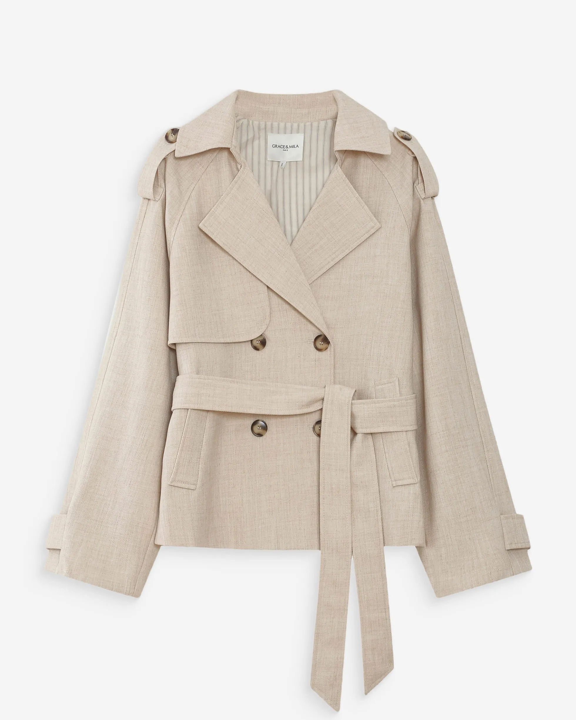 Trench-coat court ceinturé col à revers sable Vogue