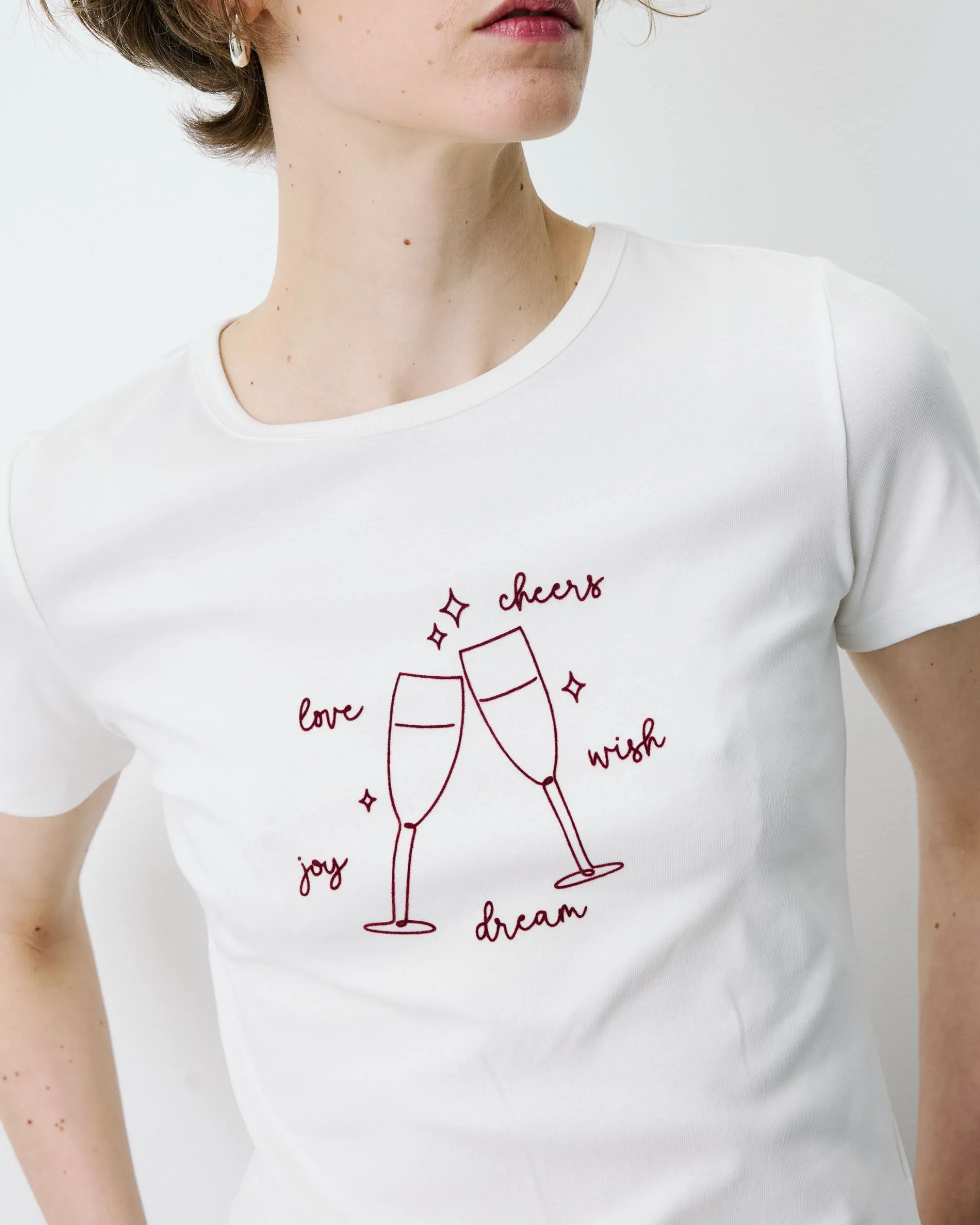 T-shirt ajusté en coton à message velours ivoire Bubble