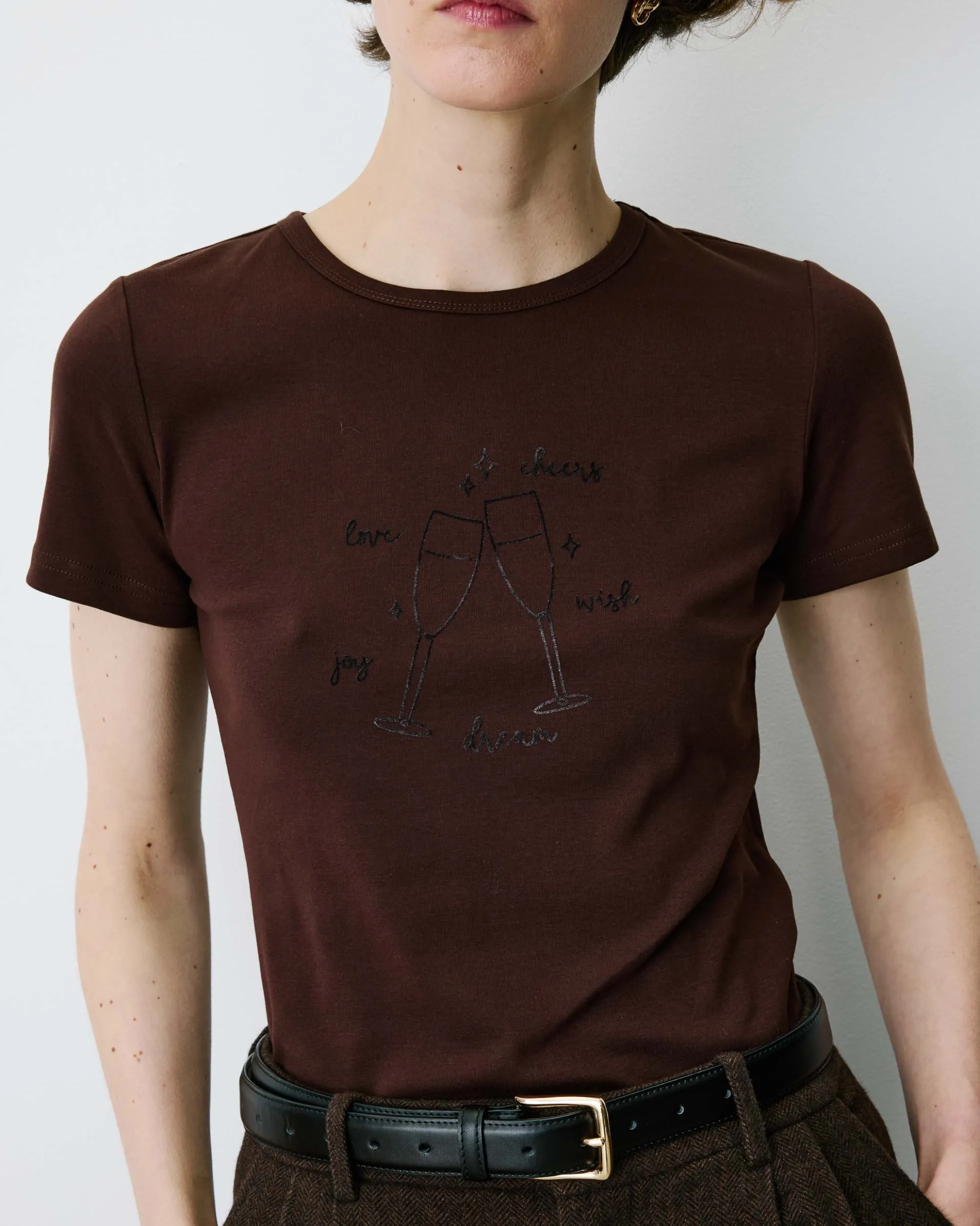 T-shirt ajusté en coton à message velours chocolat Bubble