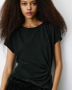 T-shirt drapé en jersey lurex manches courtes noir Baly
