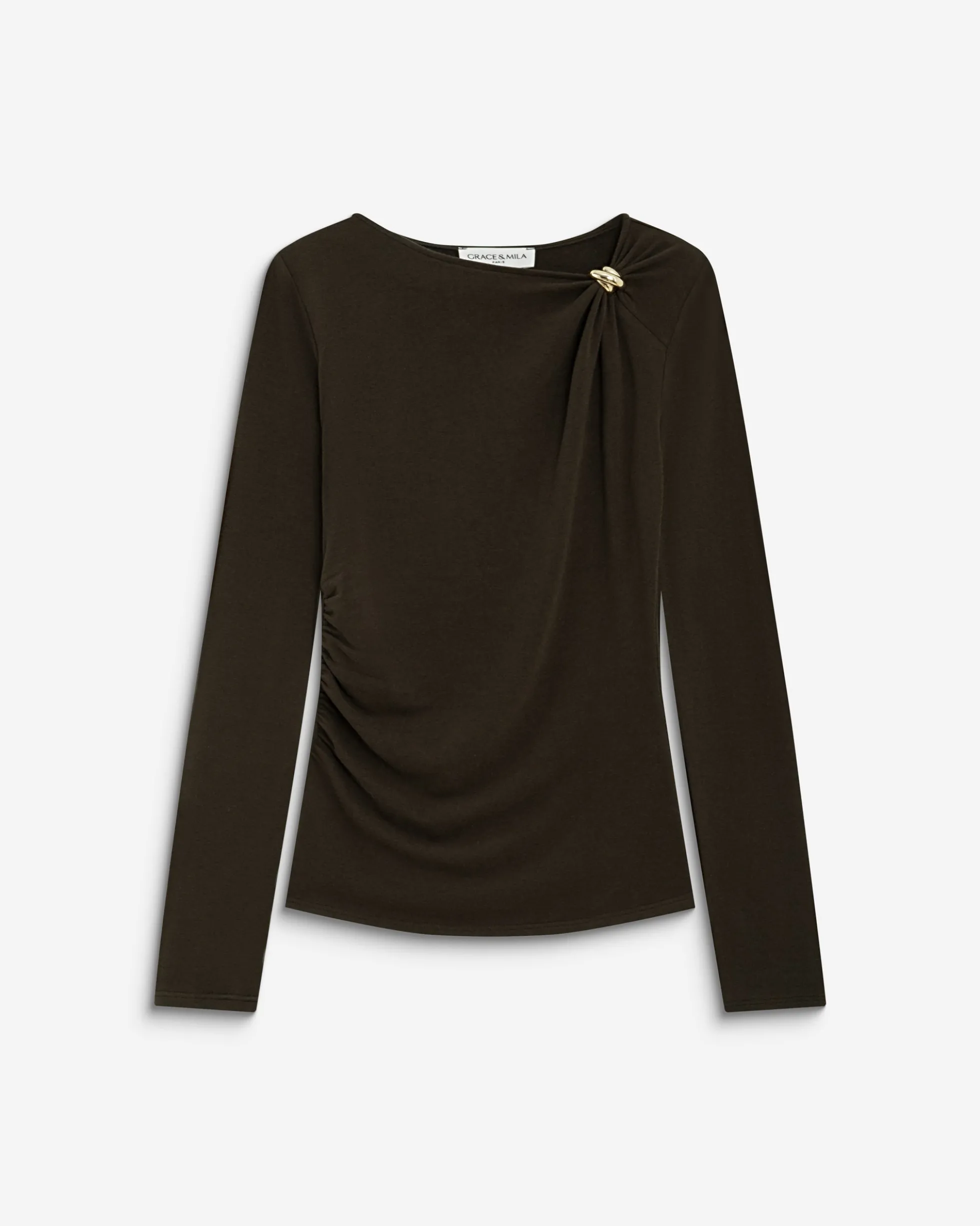 T-shirt drapé près du corps à boucle dorée chocolat Bijou