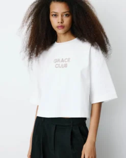 T-shirt en coton à message en sequins ivoire Bond