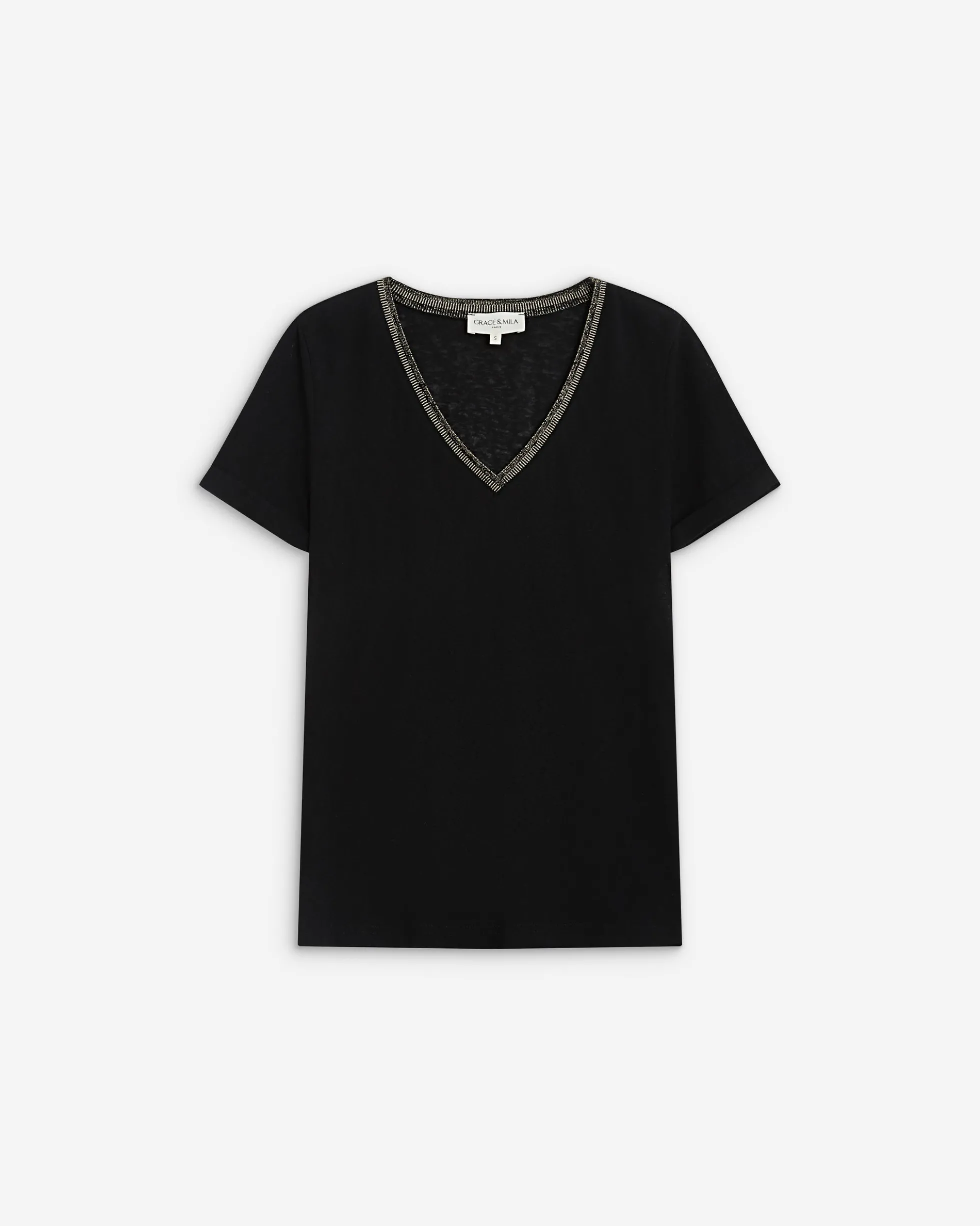 T-shirt manches courtes col V contrasté noir Aurelien