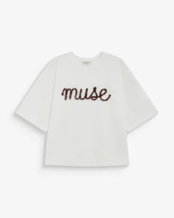 T-shirt oversize en coton à message brodé ecru Borys