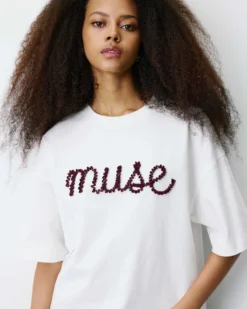 T-shirt oversize en coton à message brodé ecru Borys