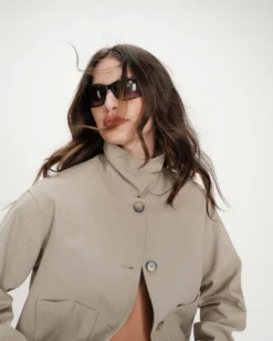 Veste courte en coton boutonnée à poches sauge Veronica