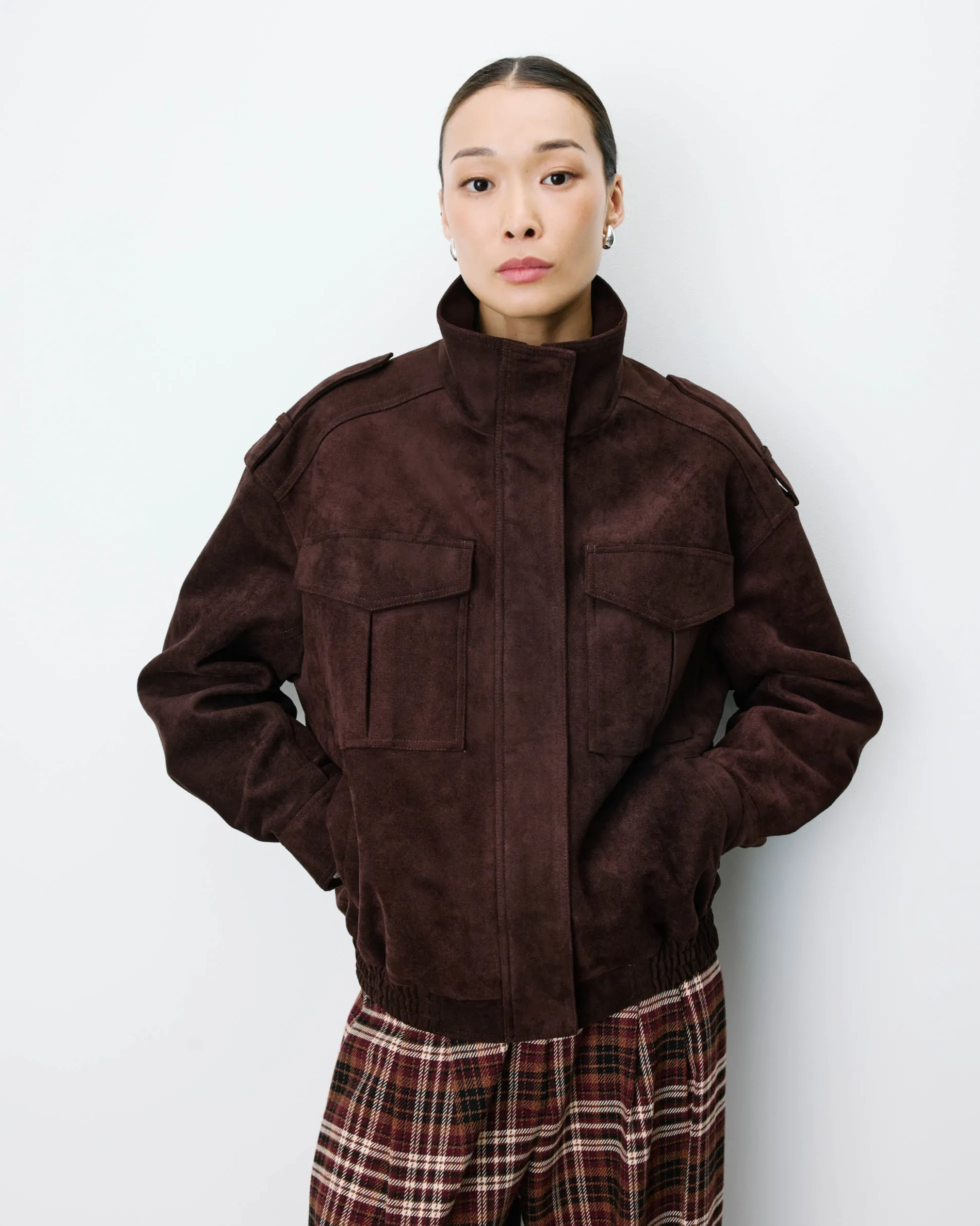 Veste oversize suédine col montant chocolat Arielle