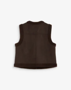 Veste sans manches en fausse shearling col V chocolat Anya